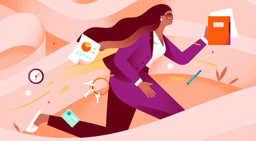 Graphic of woman running to work letting all of her belongings fly all over the place.