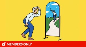 illustration of man looking at his reflection in mirror, finding purpose