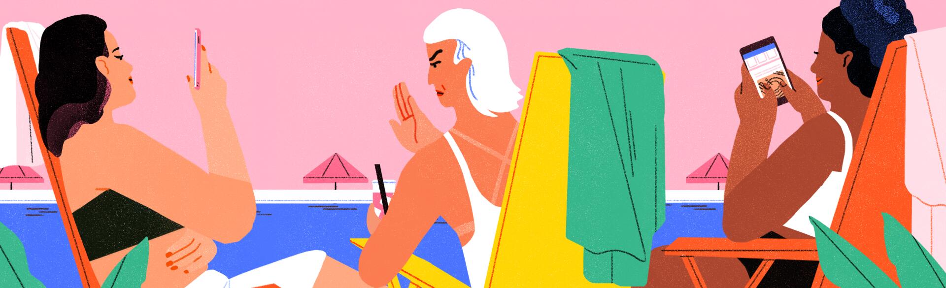 illustration of women sitting at the beach one lady ranting the others on their phones