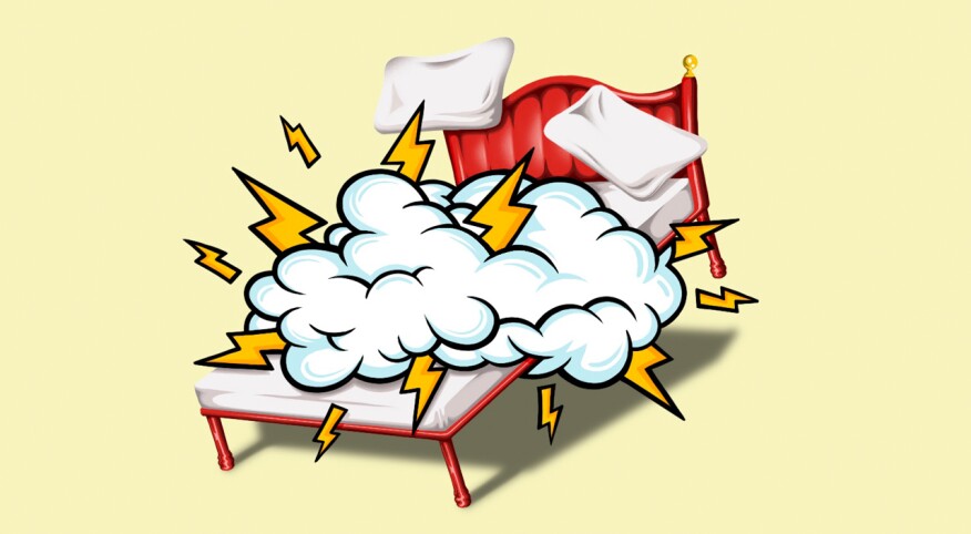 bed illustration, sex, cloud, lightening bolts