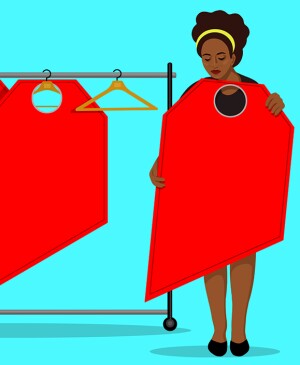 illustration of woman holding price tag from clothes rack of hanging price tags