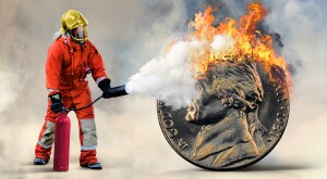 Photo montage of a firefighter putting out a nicker that is on fire
