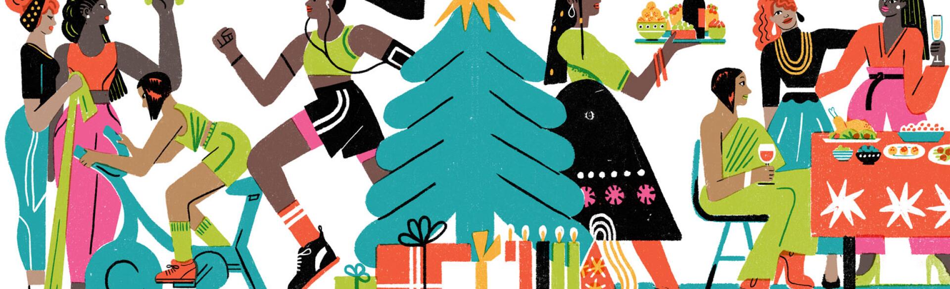 illustration of ladies exercising to avoid holiday weight gain by irene rinaldi