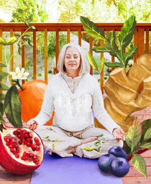 photo collage of woman meditating surrounded by healthy foods
