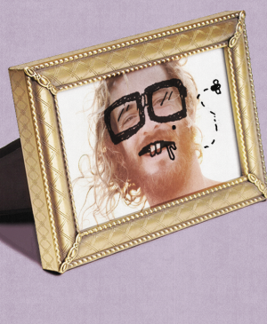 Photos of people in photo frames with hand drawn doodles over the faces