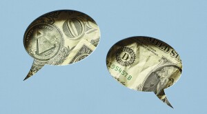 Two speech bubbles talking about money