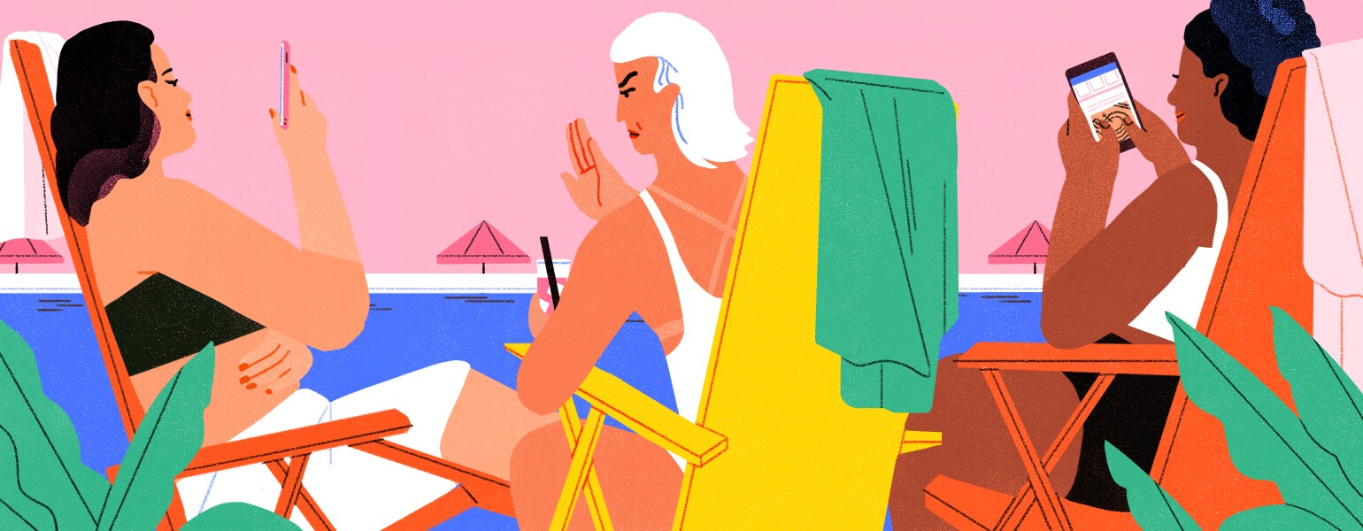illustration of women sitting at the beach one lady ranting the others on their phones