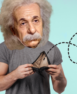 Photo composite of Albert Einstein with an empty wallet