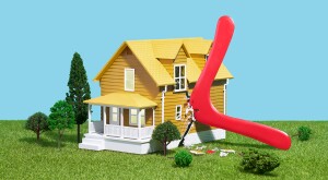 Yellow house being hit with red boomerang