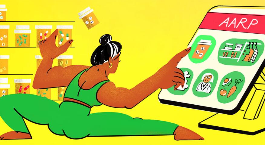 illustration of lady stretching looking at aarps website