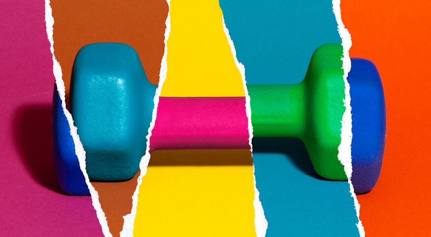 Ripped photograph of acolorful dumbbell