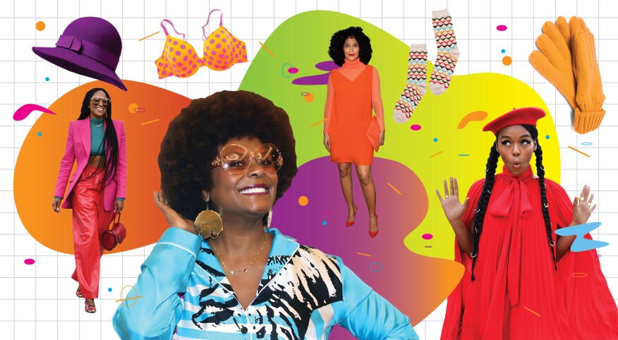 four women, celebrity, dopamine, colorful apparel, photo illustration