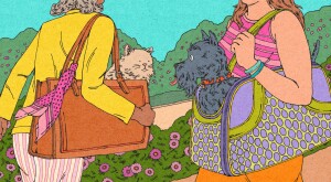 illustration of 2 women carrying a dog and a cat in their purses