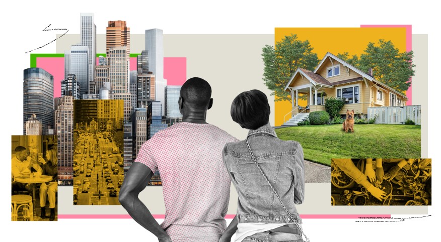 photo collage of couples facing images of city and single home in suburbs