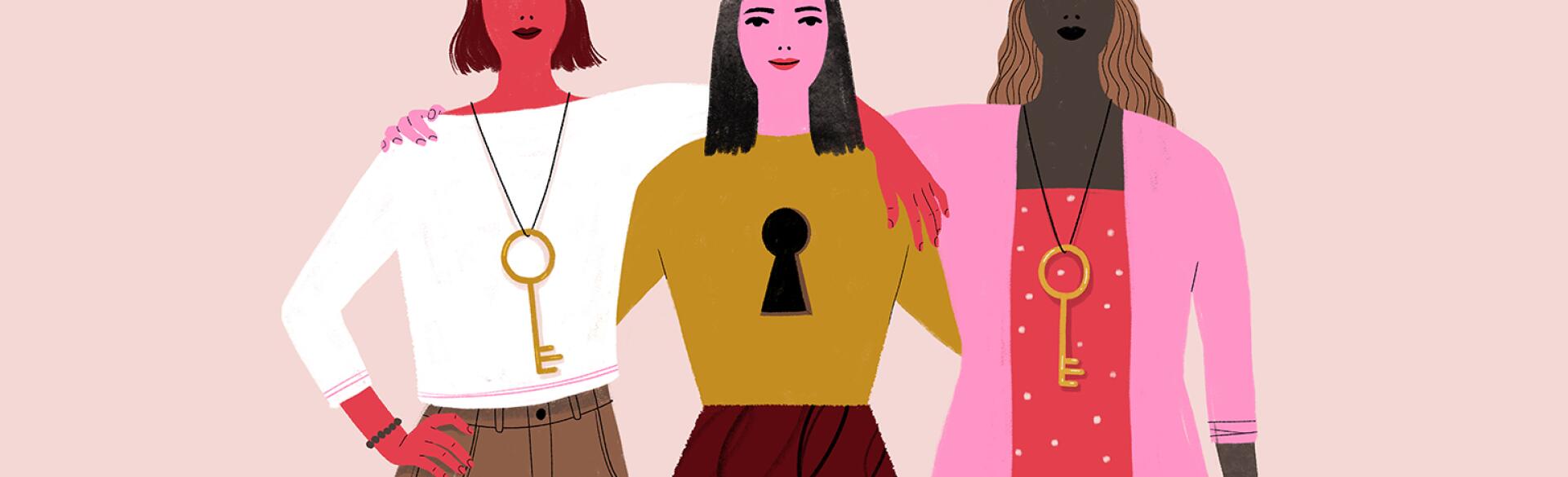illustration of two friends with keys and another with a keyhole friendship