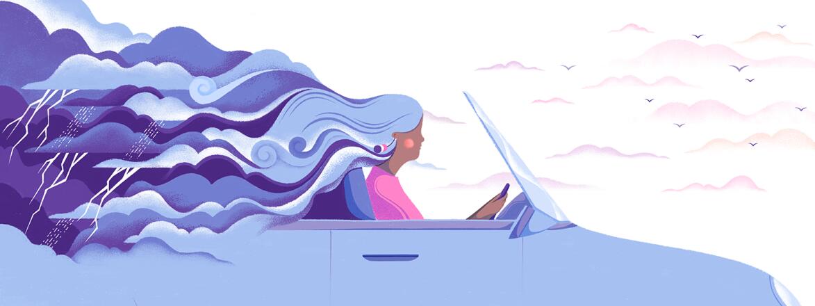 illustration of woman driving away in a car with thunderstorms in her hair