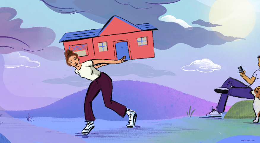illustration_of_woman_holding_her_house_on_shoulders_while_husband_is_on_phone_by_Vivian Shih_1440x560.png