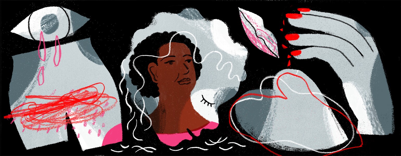 An illustration of a woman surrounded by the not so obvious signs of perimenopause.