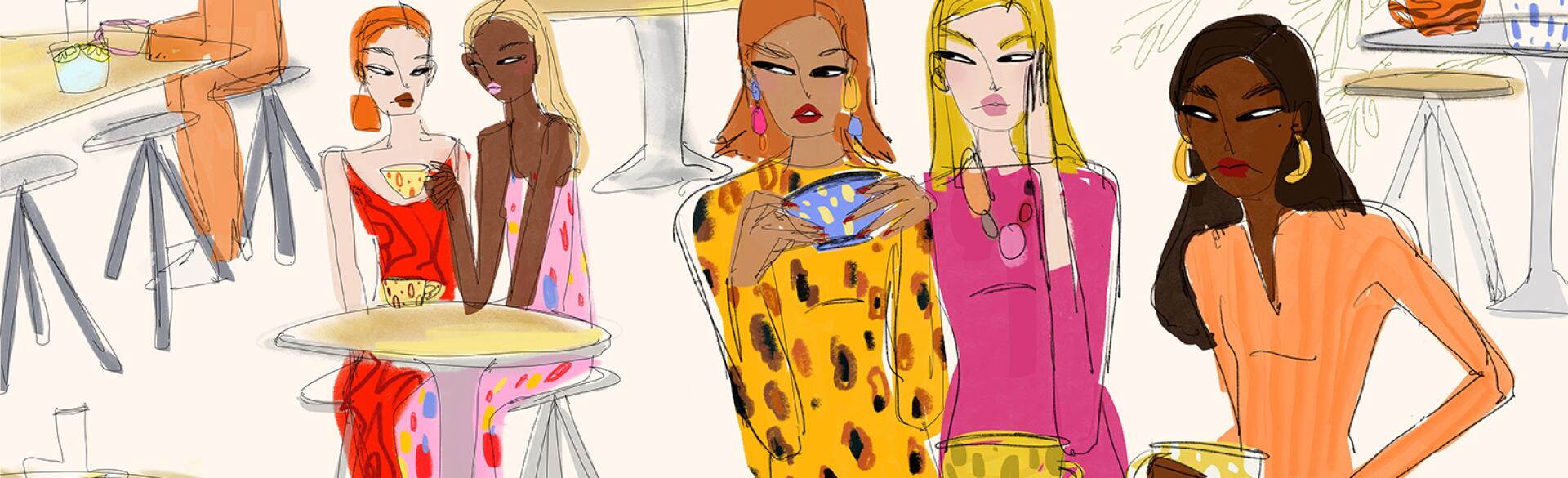 illustration of ladies gossiping at a cafe
