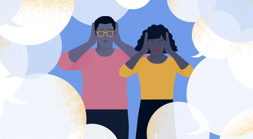 illustration of couple covering their ears to block out comments from people