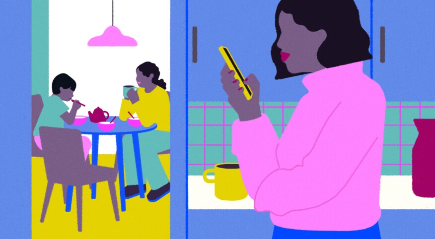 illustration of woman looking at her phone while her kids are eating at table