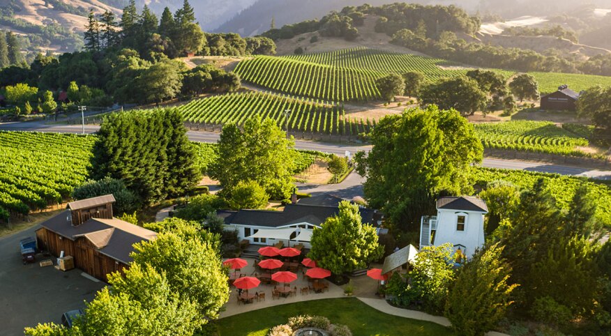 Aerial view of Goldeneye Winery in Philo, CA