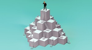 Illustration of business man atop ladders going to higher levels