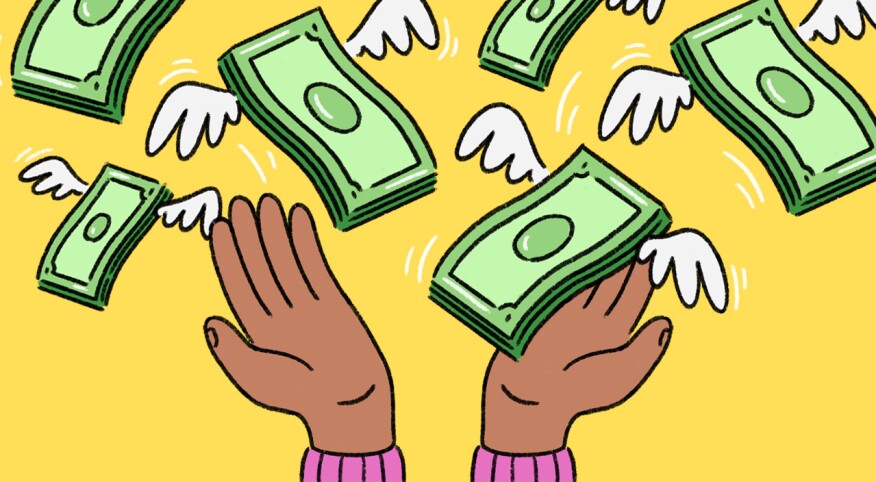 illustration of hands reaching out to dollar bills with wings