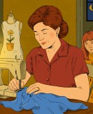 illustration of mother sewing garment as daughter opens the room door