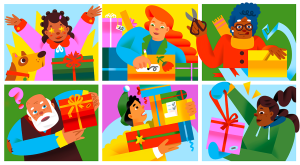 illustration of people holding holiday gifts, gift guide 2023