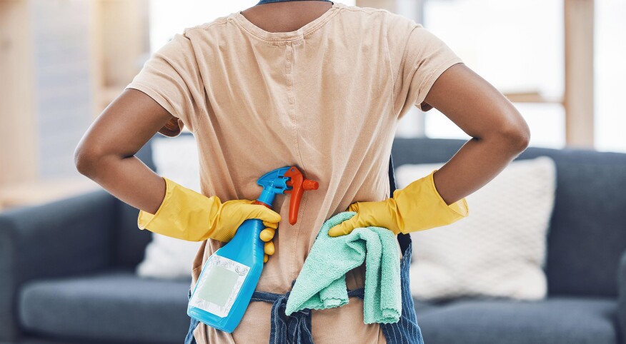 Back view of woman with cleaning spray, cloth and gloves