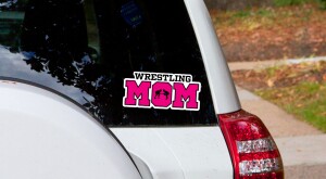 Car with bumper sticker that says wrestling mom