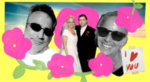photo collage of happy married couple with pink flowers and i love you note