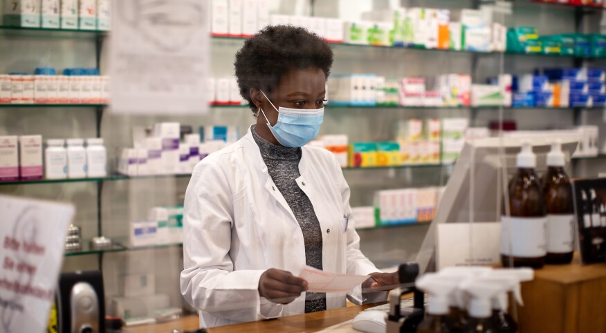 woman, mask, essential worker, pharmacist