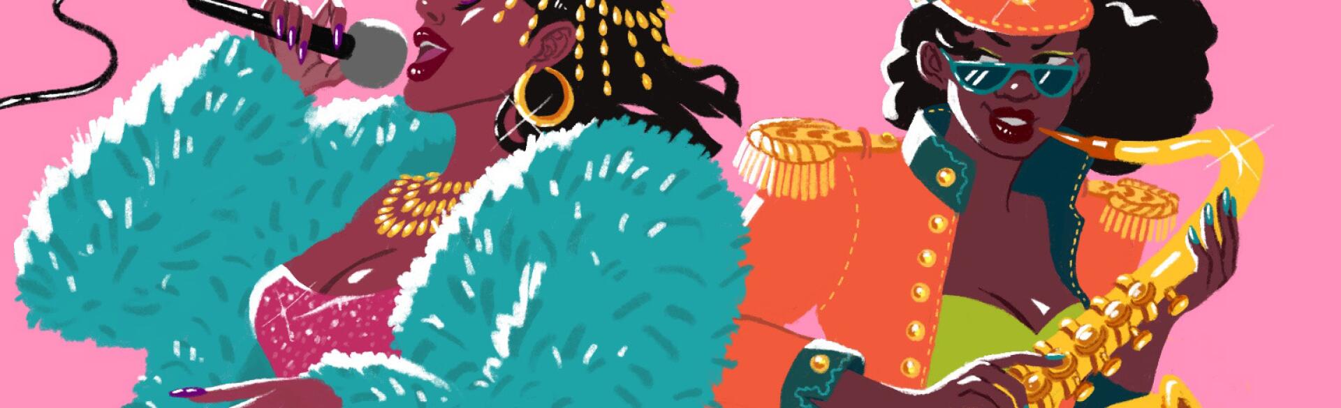 Illustration of black women singing and playing instruments
