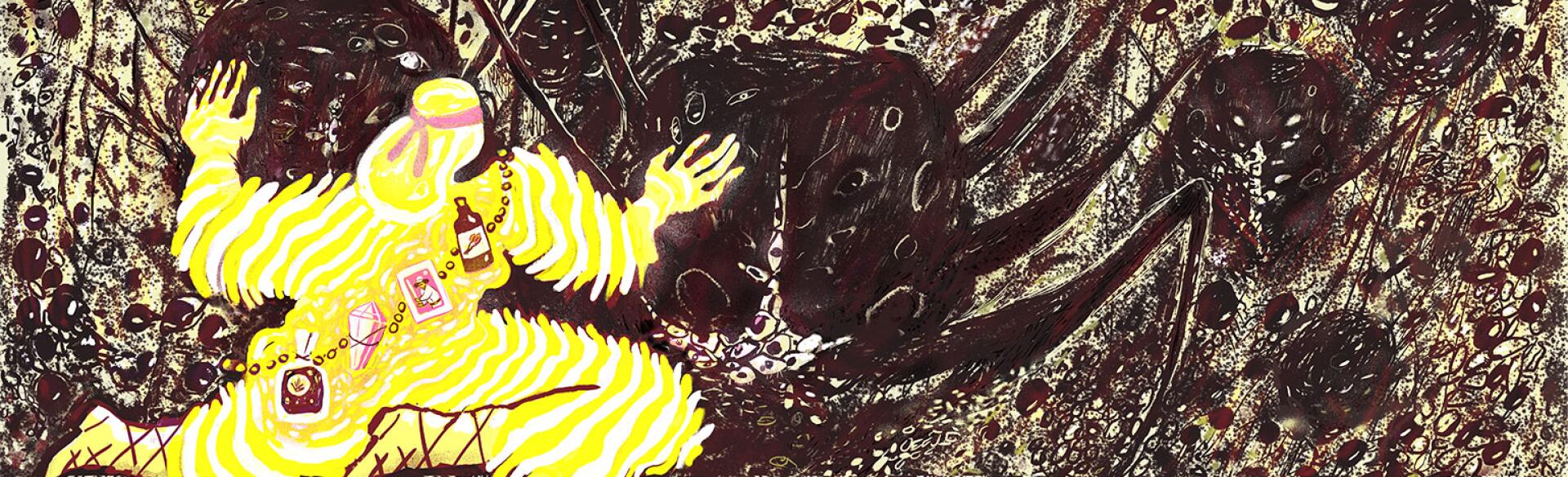 Illustration of a woman fighting a beast representing anxiety