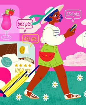 illustration of woman traveling saving money and using travel rewards