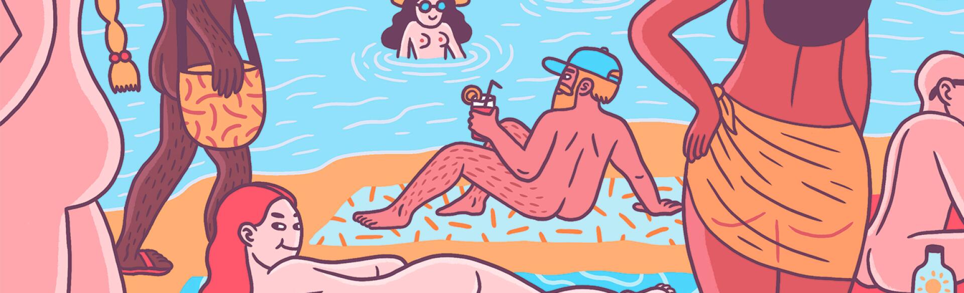 An illustration of several people at the beach on a naked vacation.