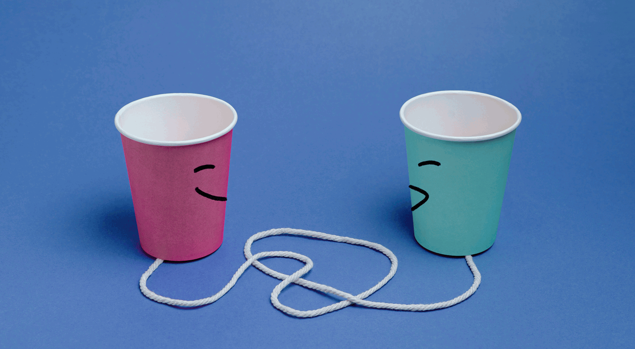 gif of 2 paper cups speaking to each other