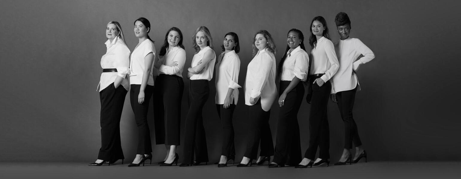 black and white photo of different women in MM LaFleur pants