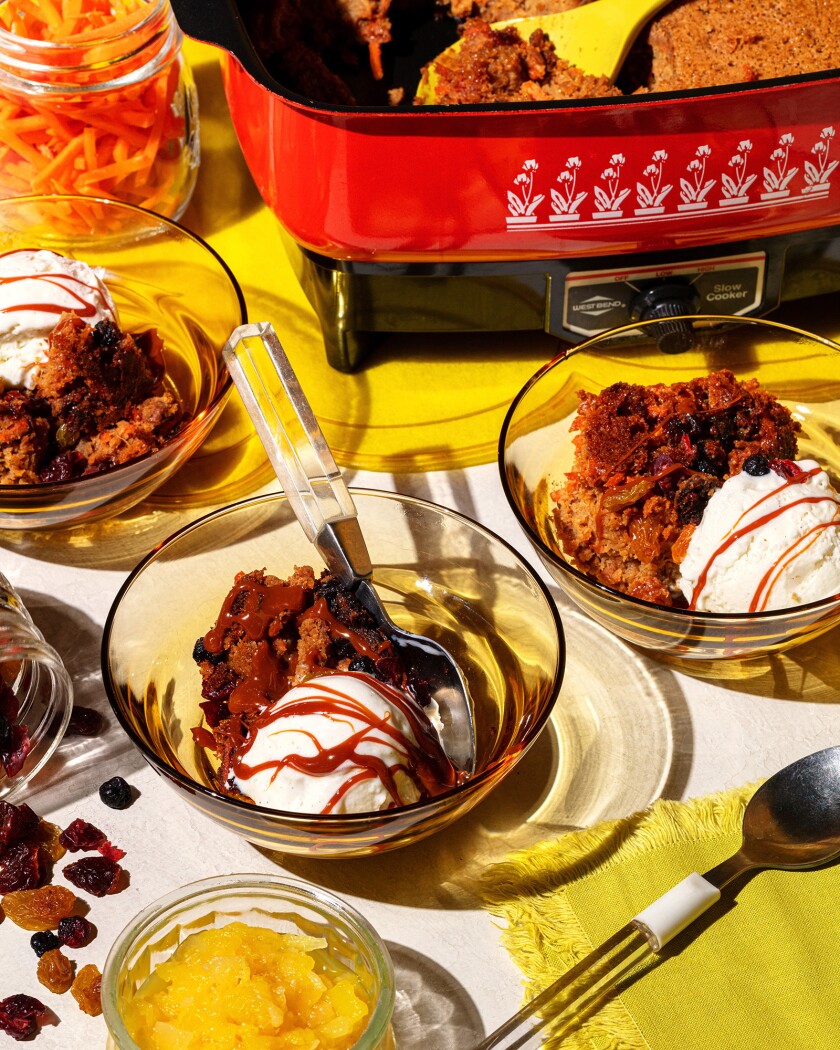 Overhead shot of carrot cake with ice cream in a bowl