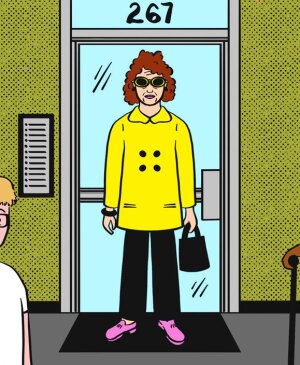 illustration of older lady leaving building surrounded by people walking by her