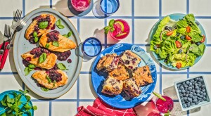 Overhead view of three blueberry recipes for the Fourth of July 