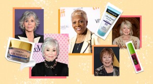 photo collage of female celebs and beauty products, moisturizer, mascara, sunscreen