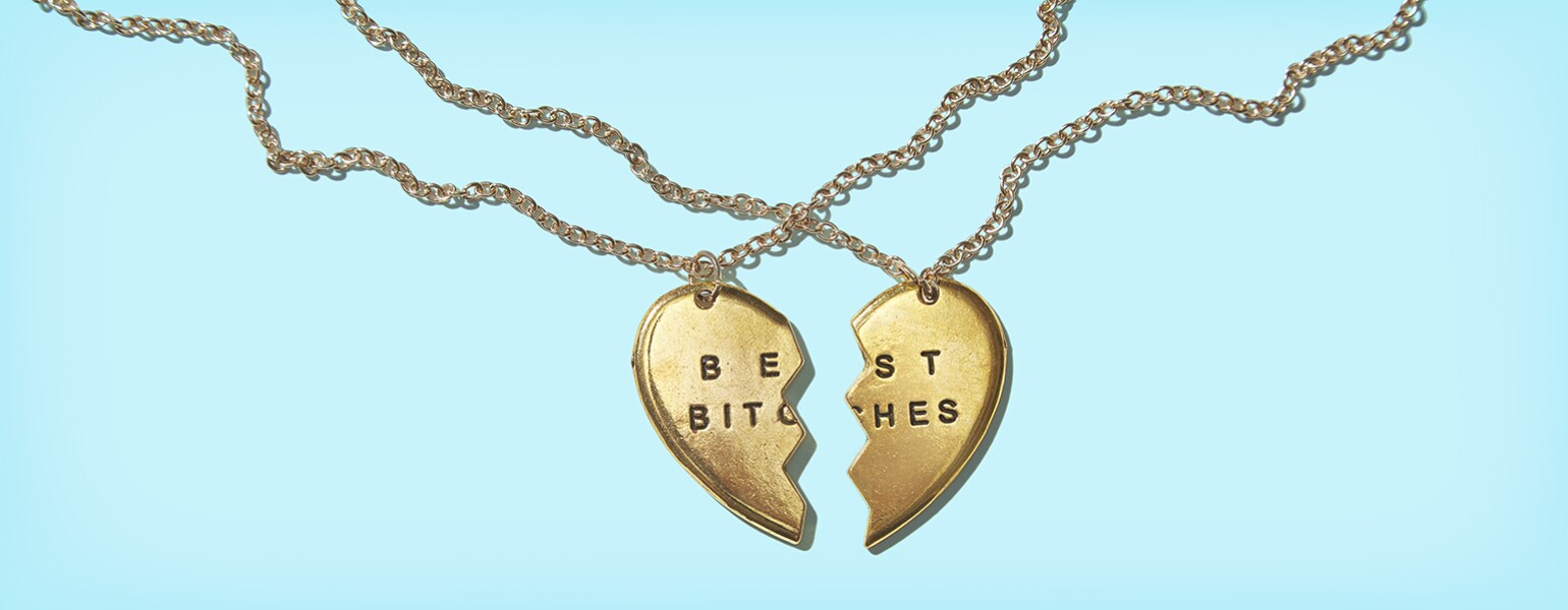 The Girlfriend, AARP, Best Friends Necklace, Best Bitches Necklace, jewelry, gold, chain, silver
