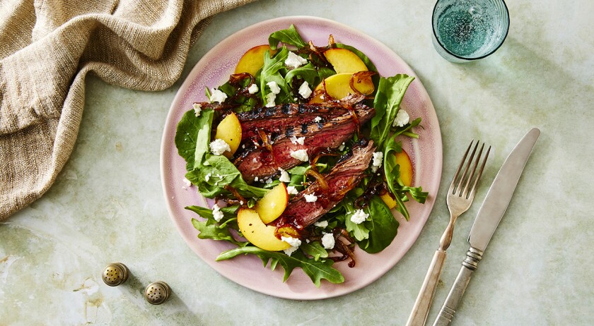 balsamic grilled steak salad with peaches and caramelized onions
