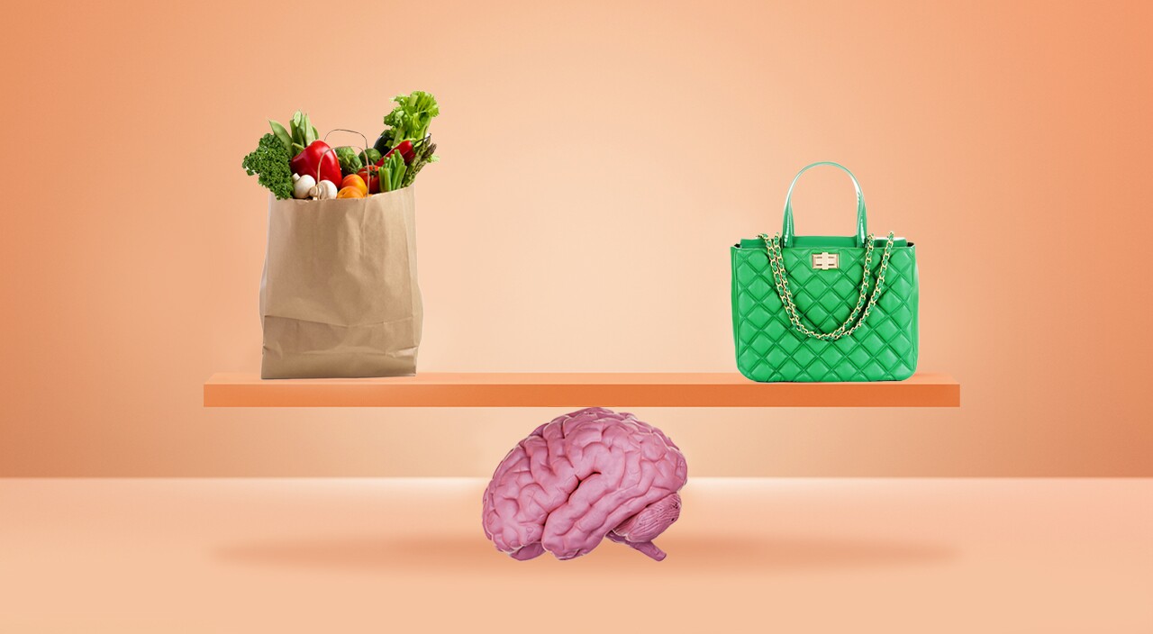 photo collage of grocery bag and designer purse on balance beam on top of brain