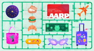illustration of different items to save money on, aarp savings, aarp membership
