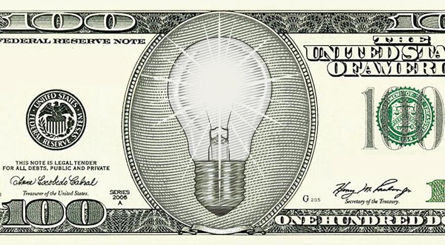 illustration of one hundred dollar bill with lightbulb in the center, money
