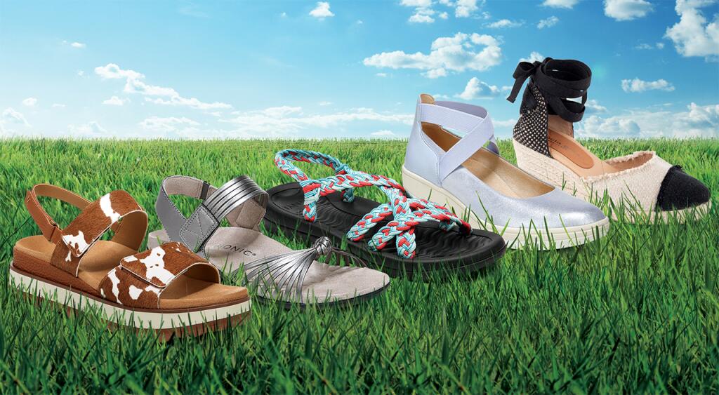 image of chic shoes for women on bed of grass with blue sky, shoes, comfortable, fashion